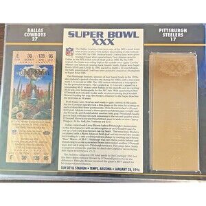 Super Bowl XXX Commemorative Gold Plated Super Bowl Ticket 22KT Willabee & Ward